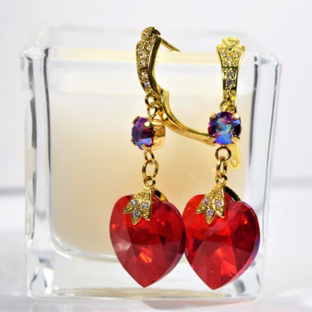 Swarovski Crystals Red Heart Dangling Earrings